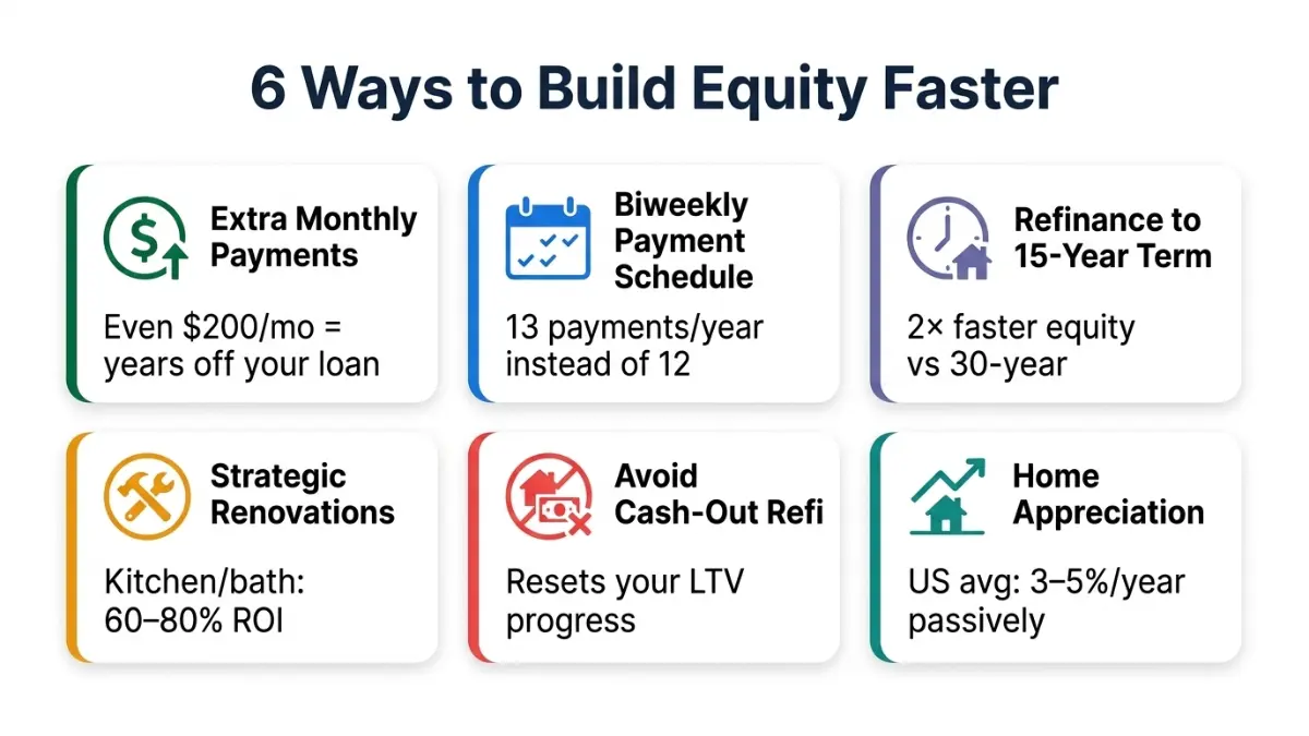 Home Equity Calculator strategies to build home equity faster including extra payments refinance and appreciation