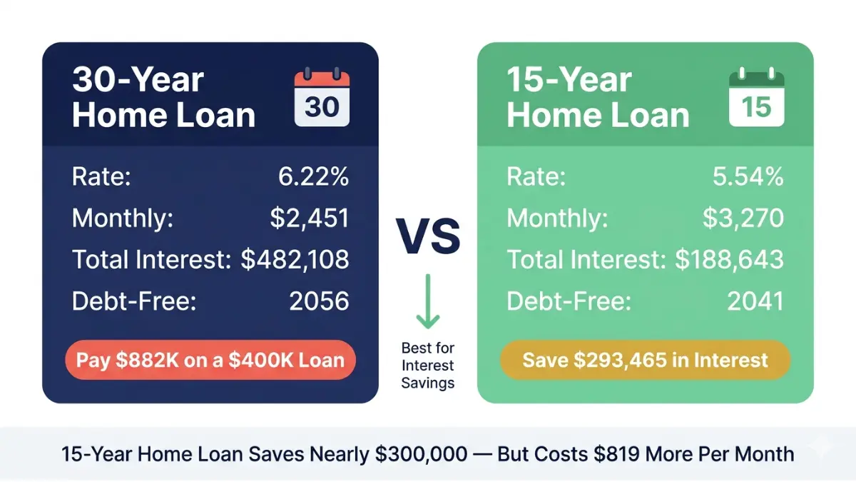 Home Loan 15 year vs 30 year comparison showing monthly payment difference and total interest savings