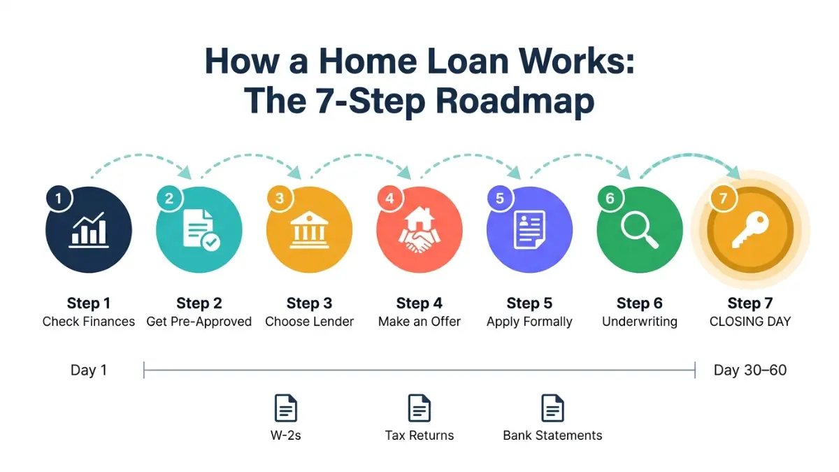 home loan works 7 step roadmap from checking finances to closing day timeline