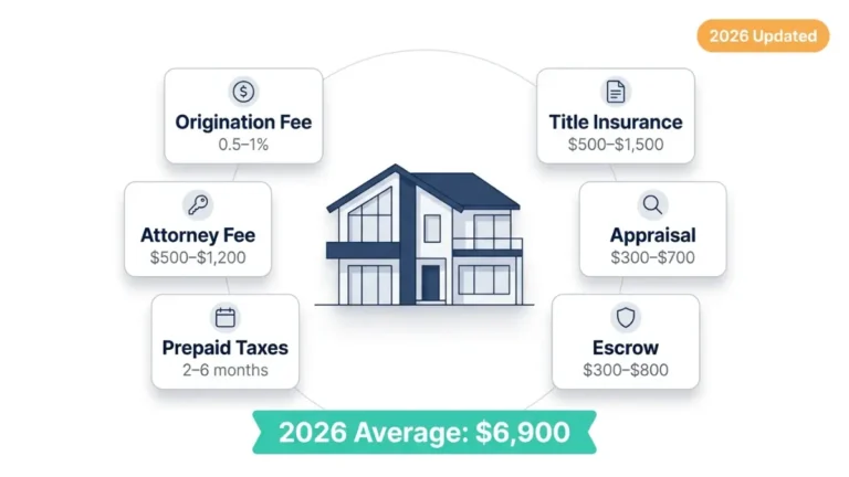 Home Loan Closing Costs breakdown 2026 showing origination fee title insurance appraisal escrow prepaid taxes and attorney fee around house illustration