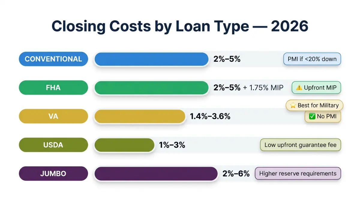 Home Loan Closing Costs by loan type comparison FHA VA conventional USDA and jumbo with percentage ranges and fee differences