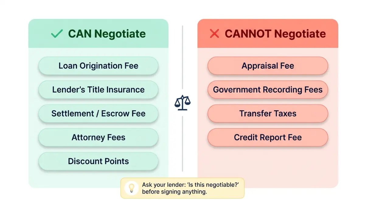 Home Loan Closing Costs negotiable vs non negotiable fees comparison chart including lender fees appraisal taxes and credit report costs
