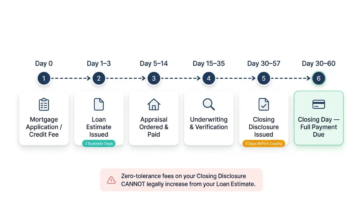Home Loan Closing Costs timeline showing when you pay fees from application to closing day including loan estimate appraisal underwriting and final payment