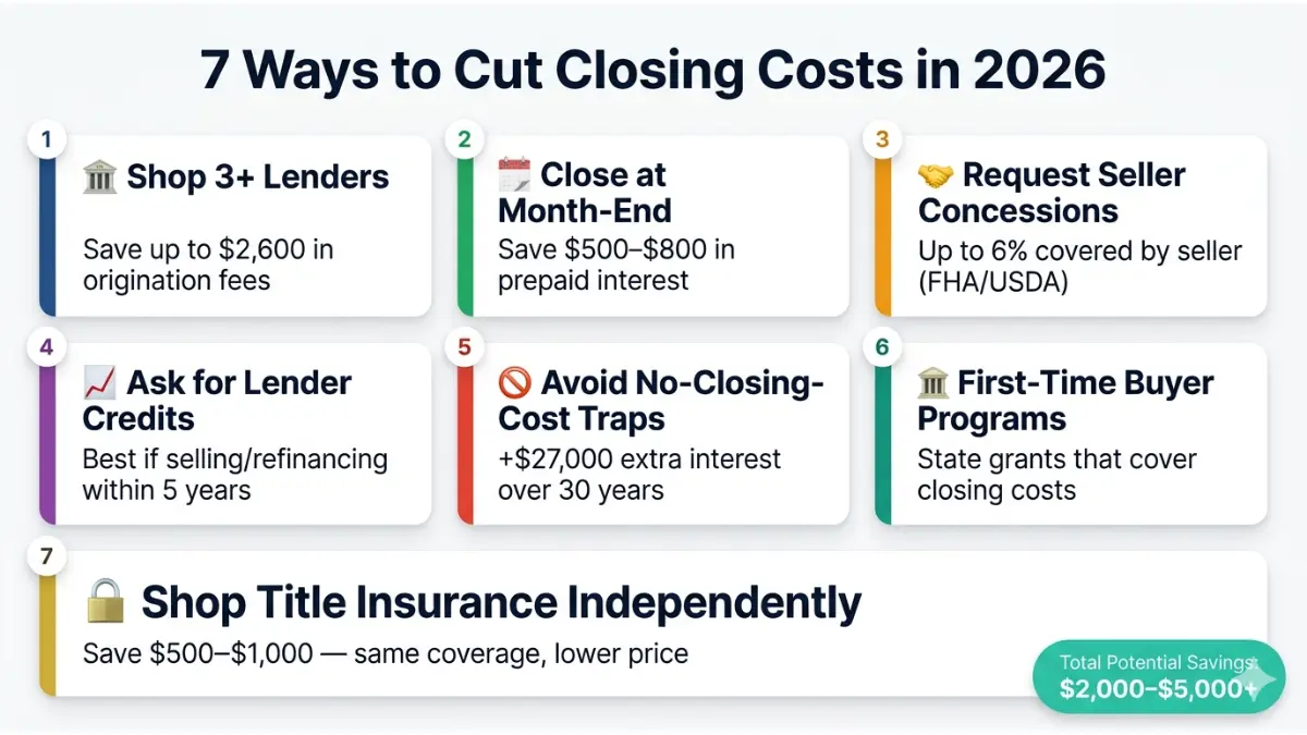 Home Loan Closing Costs reduction strategies including lender comparison seller concessions credits and title insurance savings tips