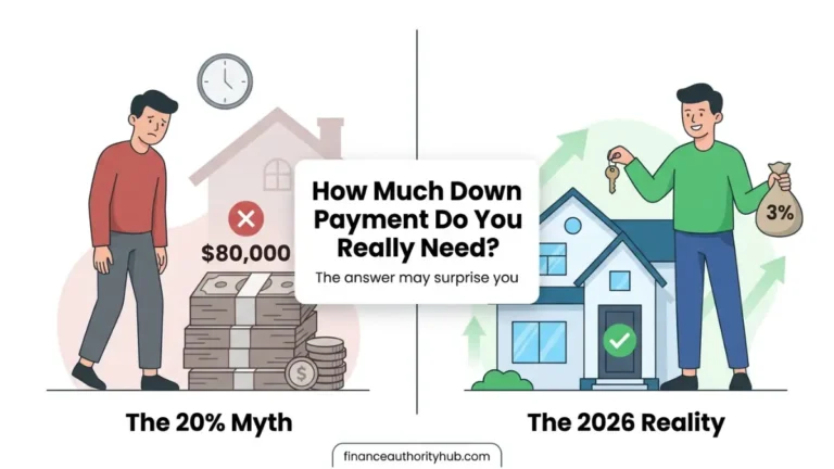 Home Loan Down Payment myth vs reality comparison showing 20 percent myth vs 3 percent down payment in 2026