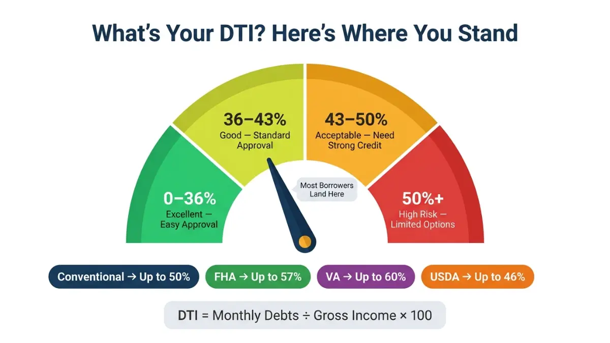home loan DTI ratio gauge showing approval zones from excellent to high risk with percentage ranges