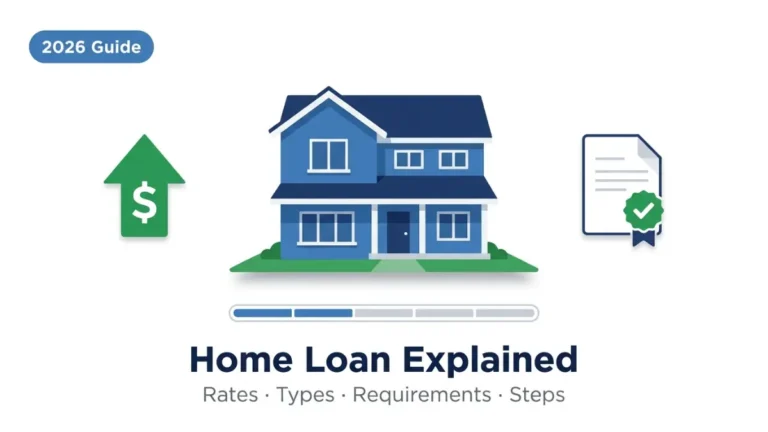 Home Loan concept illustration showing house, loan approval, funding arrow, and repayment progress Home Loan