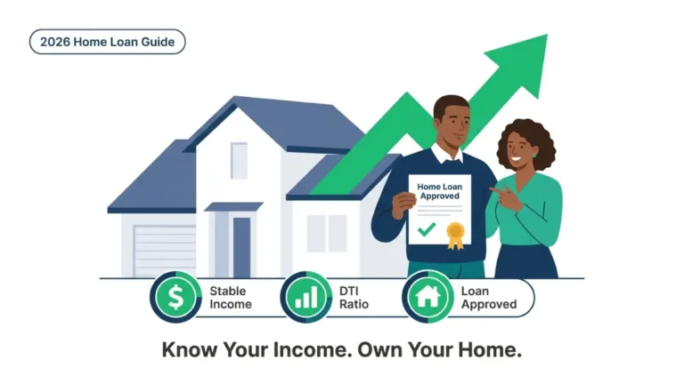 home loan approval concept showing couple with approved document, income growth arrow and qualification factors