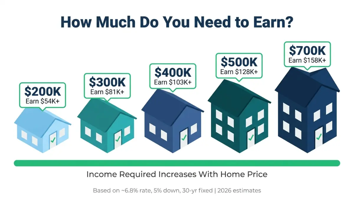 home loan income requirement chart showing salary needed for different house prices from $200K to $700K