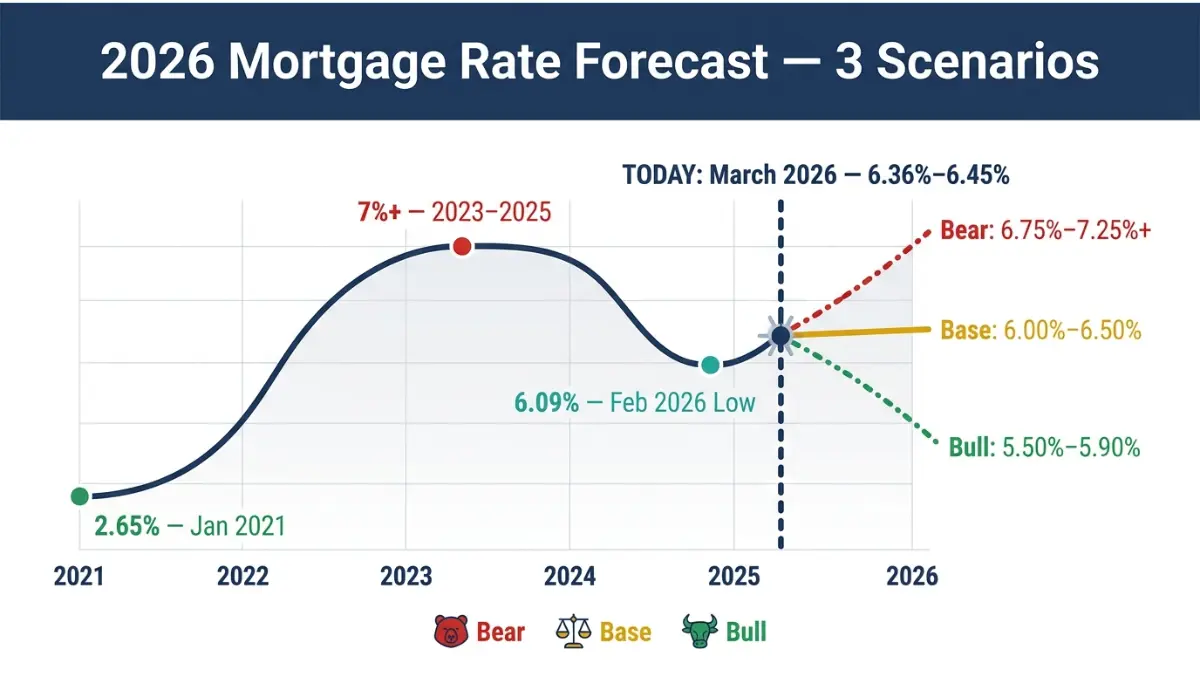 Home Loan Interest Rate forecast 2026 showing bear base and bull scenarios with historical trends from 2021 to 2026