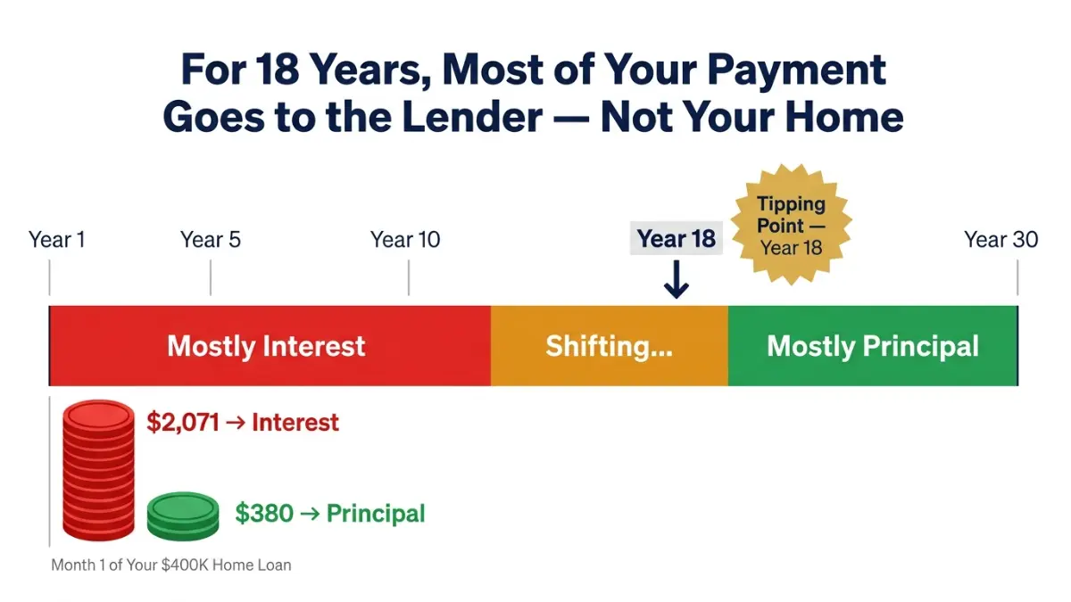 Home Loan amortization timeline showing interest vs principal payments over 30 years with tipping point at year 18