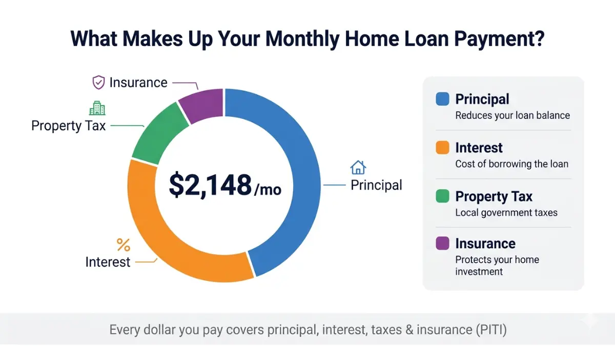 Home Loan monthly payment breakdown chart showing principal interest taxes and insurance PITI Home Loan
