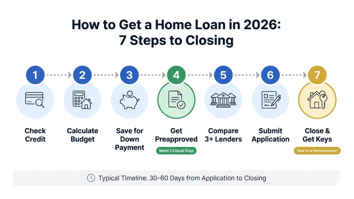 Home Loan process steps infographic showing credit check preapproval application and closing timeline Home Loan