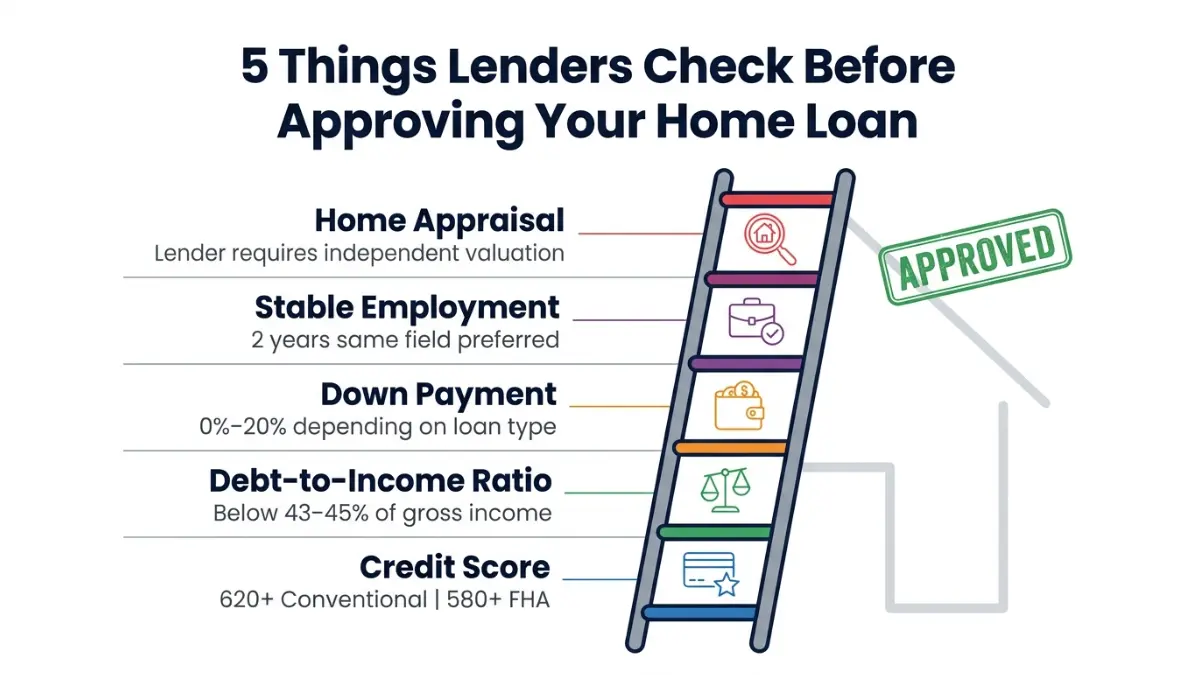 Home Loan eligibility checklist showing credit score debt to income down payment employment and appraisal factors Home Loan