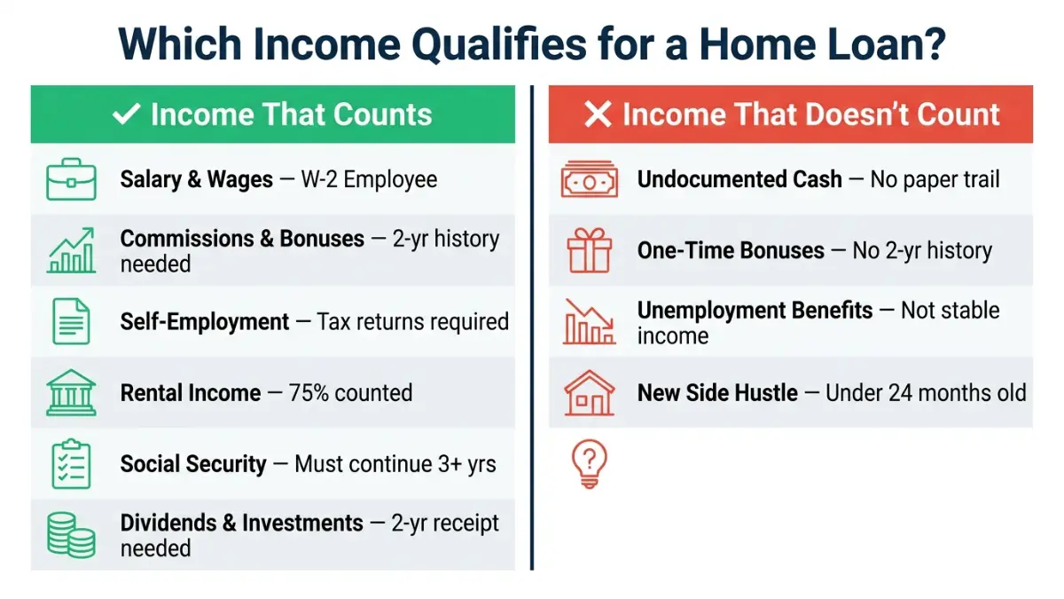 home loan qualifying income vs non qualifying income comparison chart showing accepted and rejected income sources