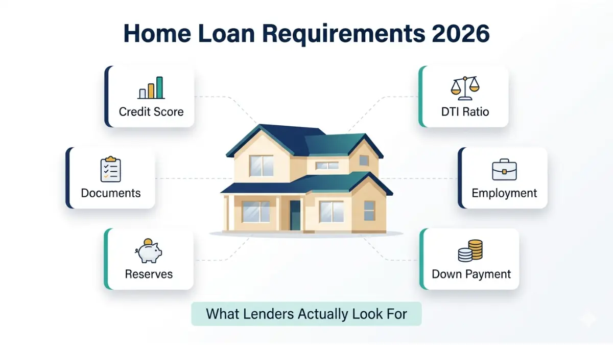 Home Loan Requirements illustration showing credit score, DTI ratio, employment, down payment, reserves and documents around house