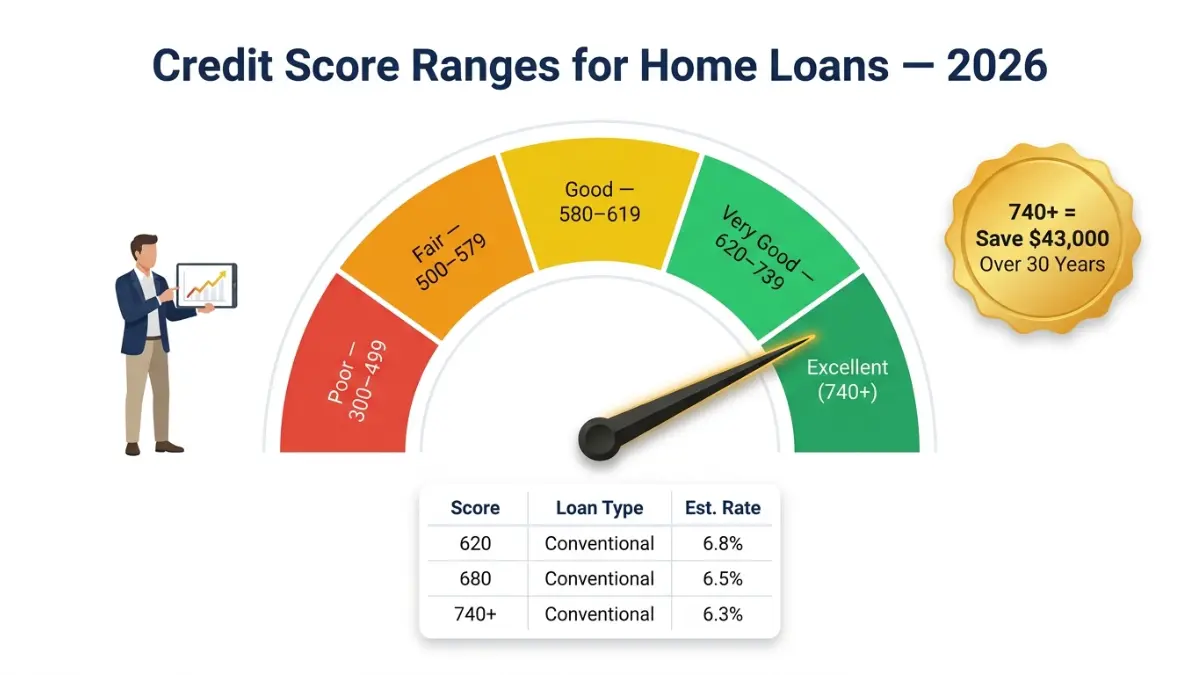 Home Loan Requirements credit score ranges gauge showing poor to excellent and impact on mortgage rates