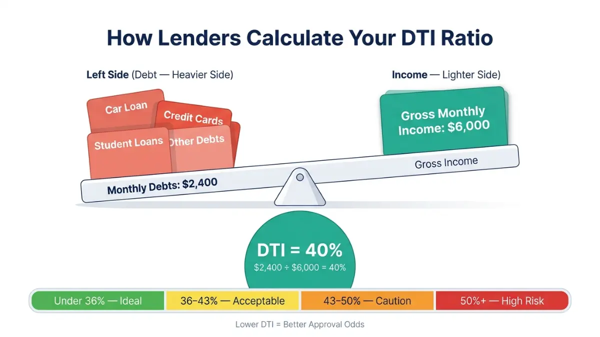Home Loan Requirements DTI ratio calculation showing debts versus income and approval thresholds