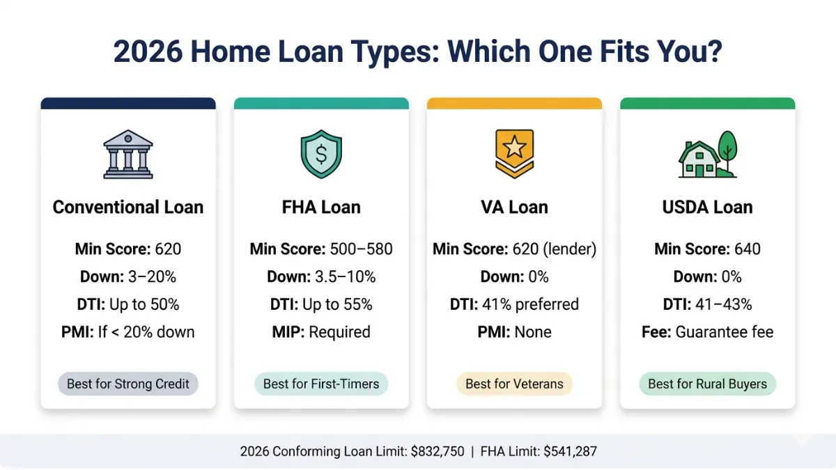 Home Loan Requirements comparison of conventional FHA VA and USDA loans with eligibility criteria