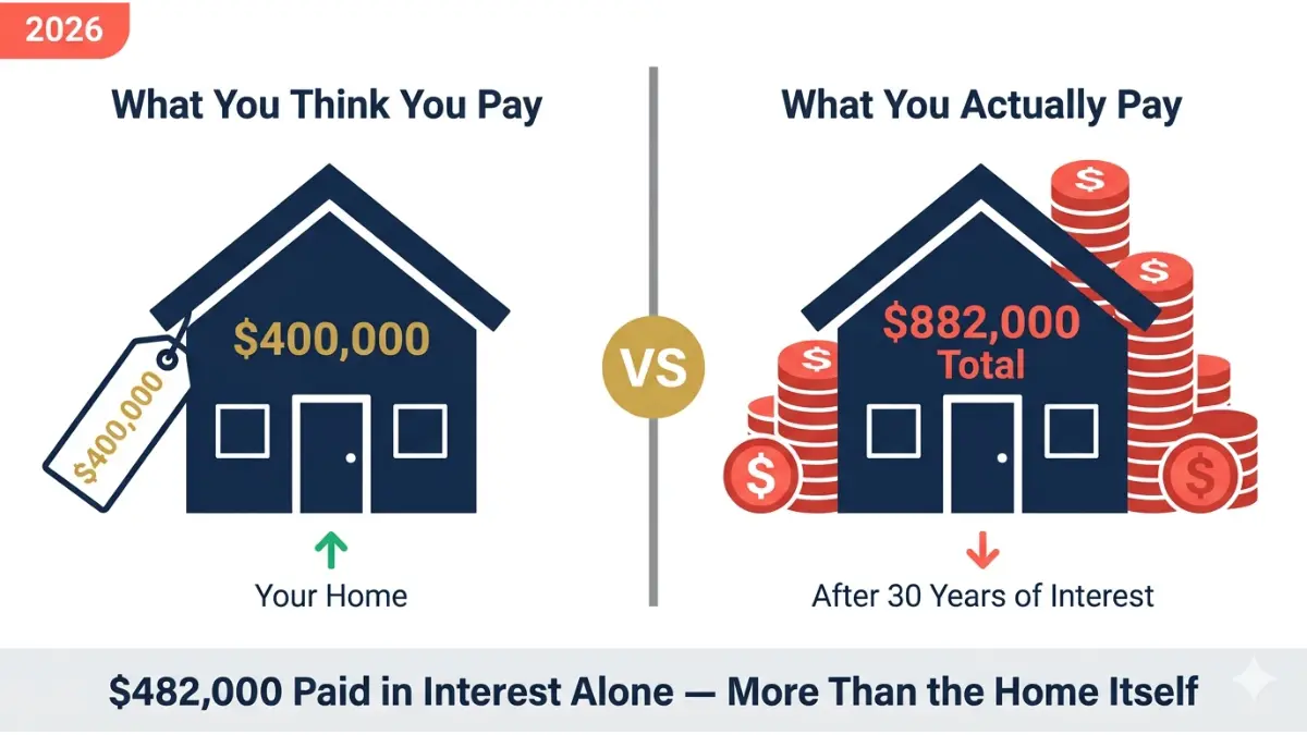 Home Loan total cost vs purchase price over 30 years showing $400,000 home vs $882,000 total paid