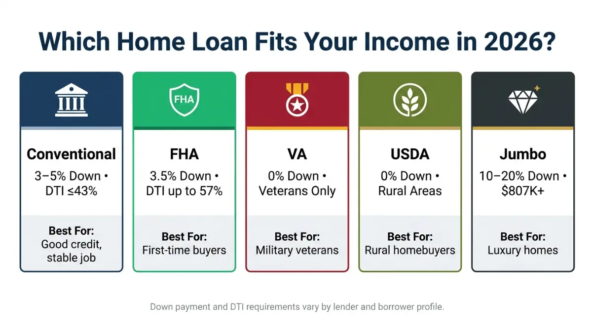 home loan types comparison showing conventional FHA VA USDA and jumbo loan requirements and best use cases