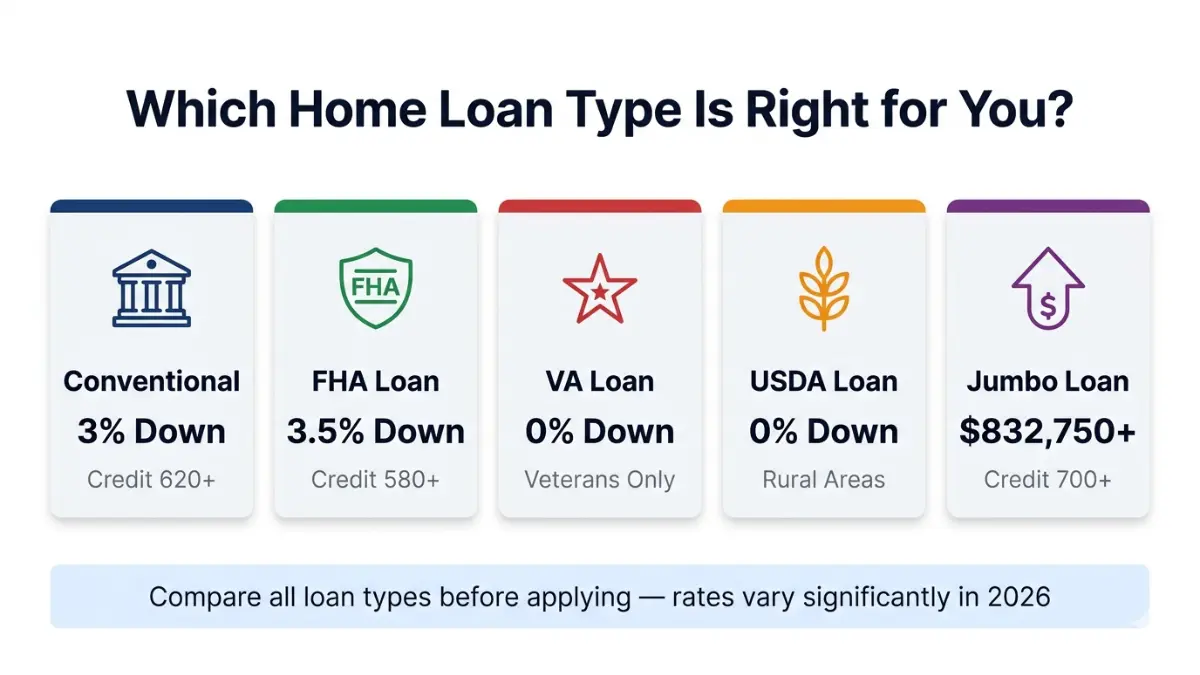 Home Loan types comparison chart including conventional FHA VA USDA and jumbo loans with requirements Home Loan