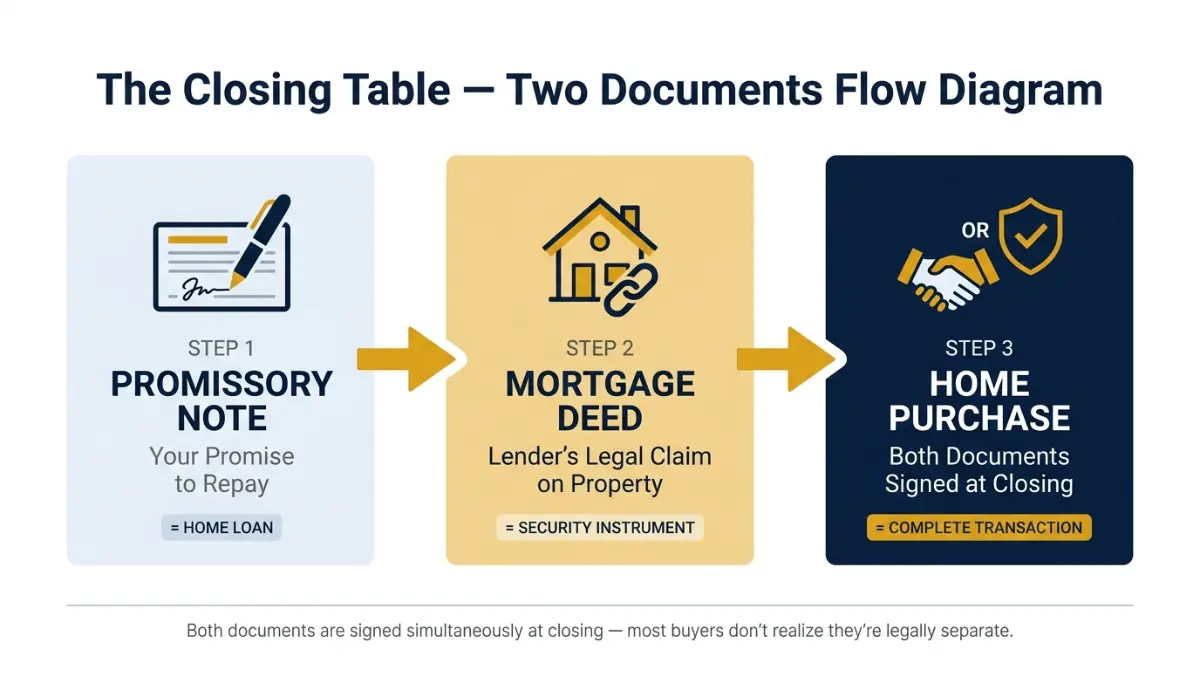 Home Loan vs Mortgage process flow showing promissory note and mortgage deed signed at closing in a step-by-step vector diagram