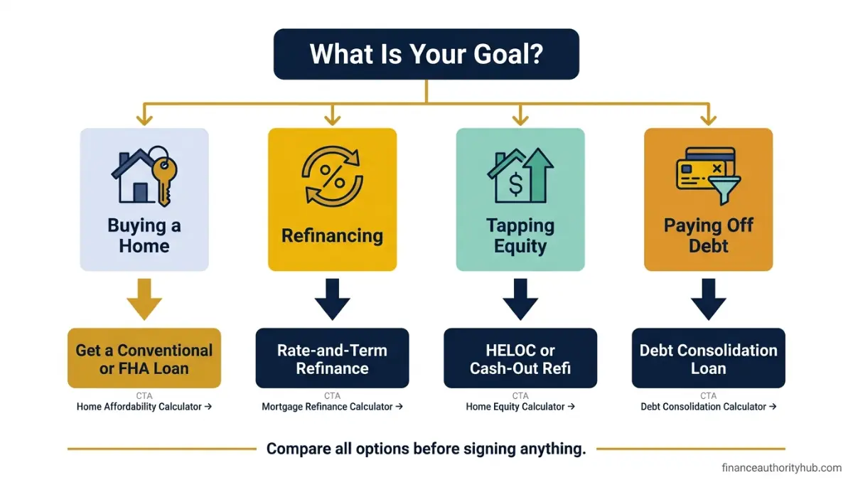 Home Loan vs Mortgage decision flowchart 2026 showing options like buying refinancing tapping equity and debt consolidation
