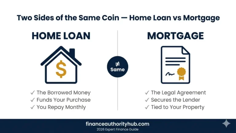 Home Loan vs Mortgage difference explained — split comparison vector showing home loan as borrowed money and mortgage as legal agreement