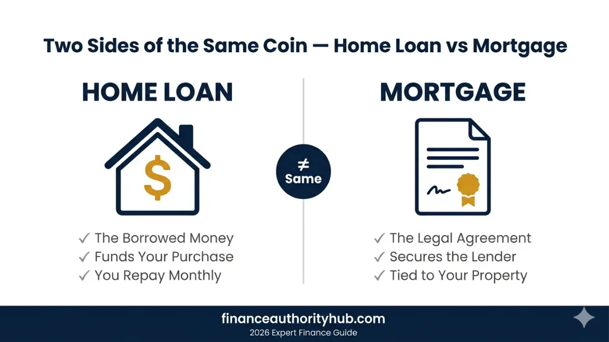 Home Loan vs Mortgage difference explained — split comparison vector showing home loan as borrowed money and mortgage as legal agreement