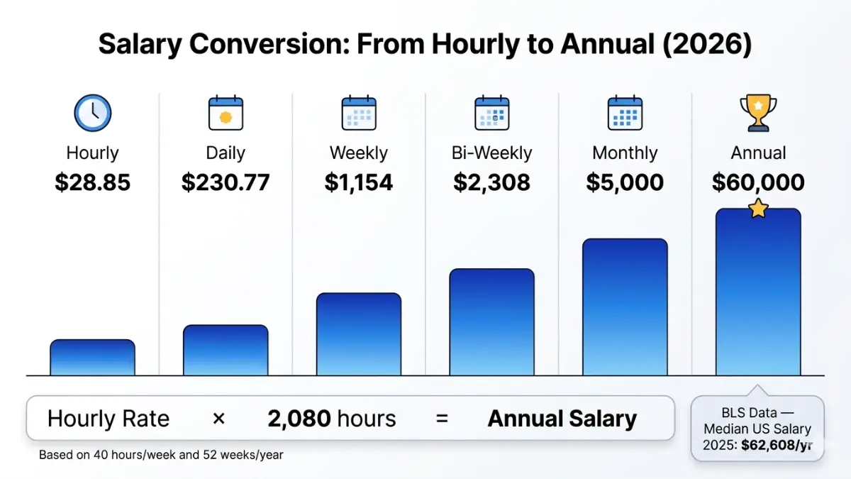 Salary Calculator chart converting hourly pay to daily weekly monthly and annual salary