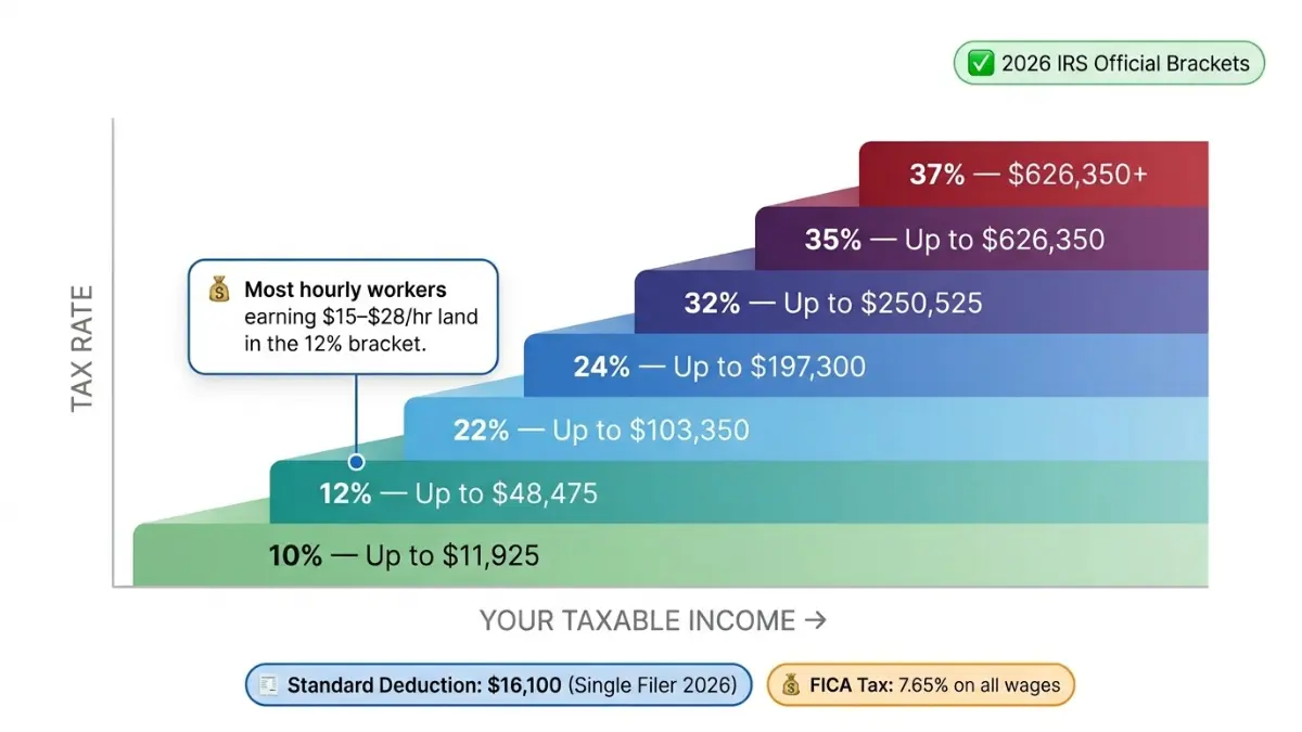 Hourly to Salary Calculator showing 2026 US federal tax bracket staircase from 10 percent to 37 percent based on taxable income