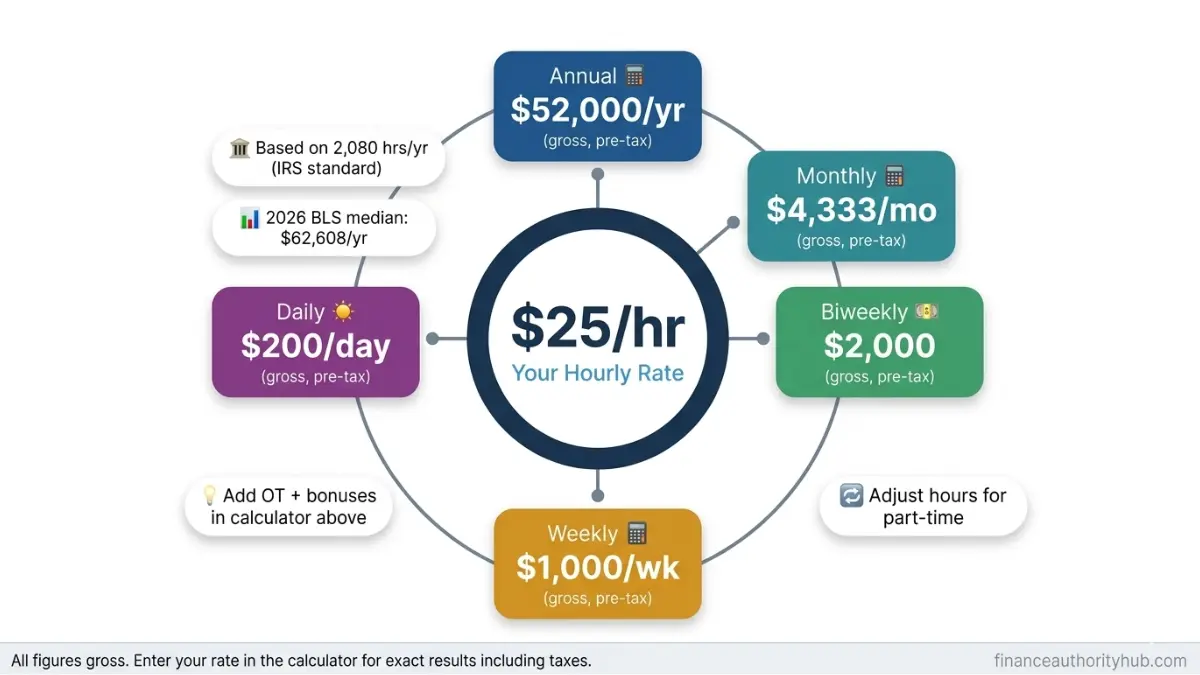 Hourly to Salary Calculator wheel showing hourly pay converted into daily weekly monthly biweekly and annual income