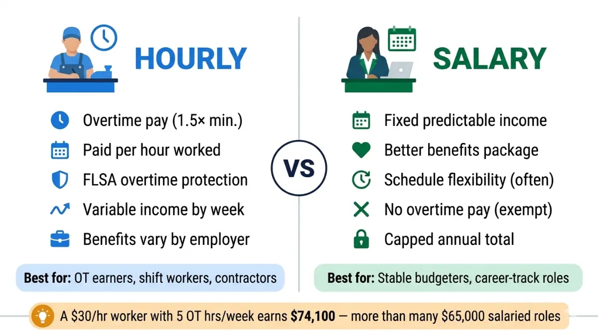 Hourly to Salary Calculator infographic comparing hourly pay jobs versus salaried employment benefits overtime rules and income stability