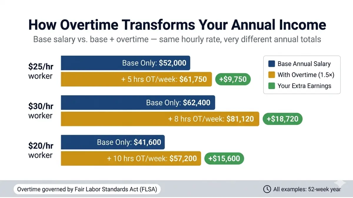 Hourly to Salary Calculator comparison chart showing base salary versus overtime income for $20 $25 and $30 hourly workers