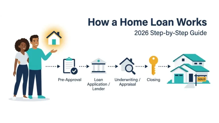 home loan works step by step process infographic showing pre approval lender underwriting and closing journey