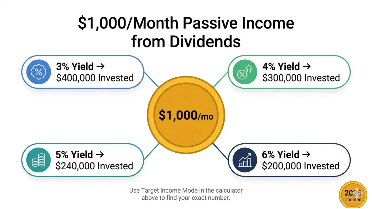 Dividend Calculator guide showing how much investment is required to earn $1000 per month in dividend passive income at different yield rates