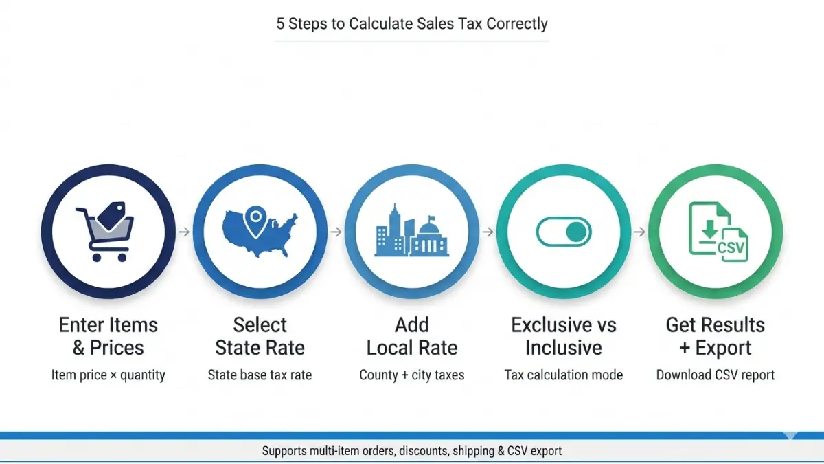Sales Tax Calculator step by step guide showing how to calculate sales tax using state and local rates in the United States
