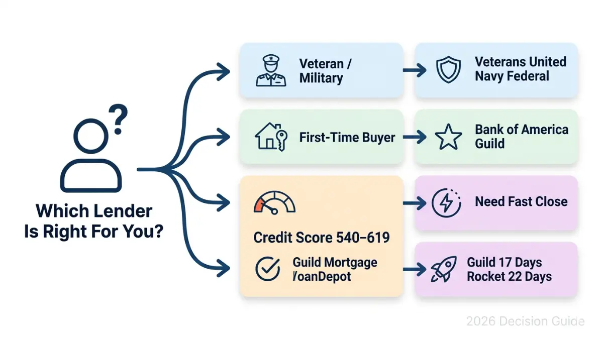 Best Home Loan Lenders decision flowchart 2026 how to choose lender based on borrower type VA FHA first time buyers