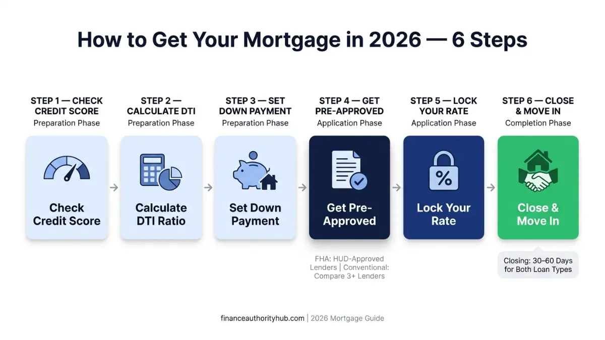 FHA Loan vs Conventional Loan step-by-step mortgage process flowchart from credit check to closing