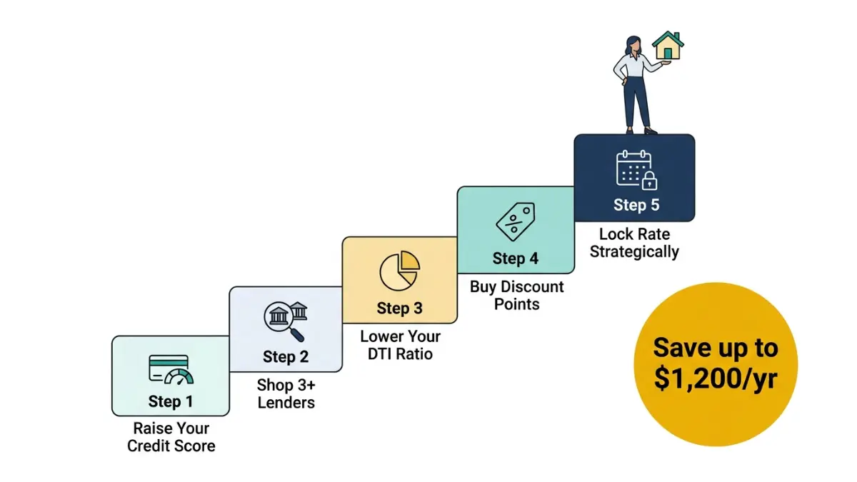 Home Loan Interest Rate reduction steps including credit score lenders DTI discount points and rate lock strategy