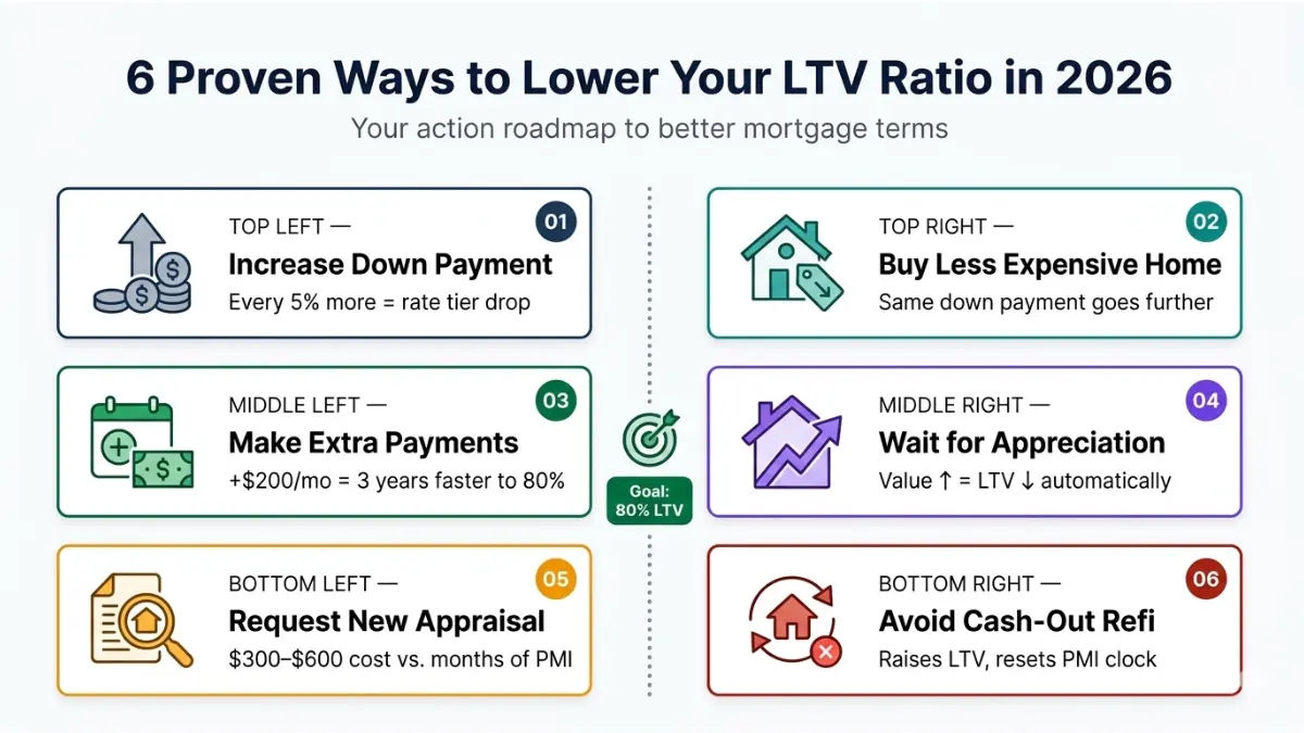 Loan to Value Calculator strategies showing six ways to reduce LTV including down payment extra payments and refinancing tips