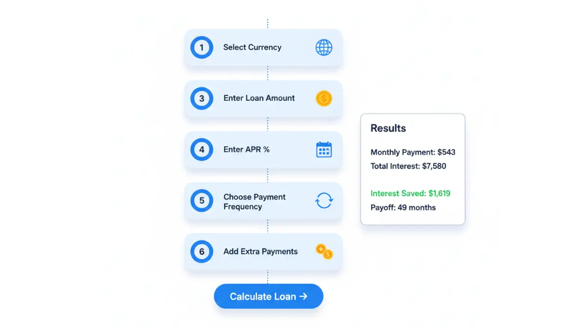 Loan Calculator step by step infographic showing currency selection APR entry payment frequency and extra payments