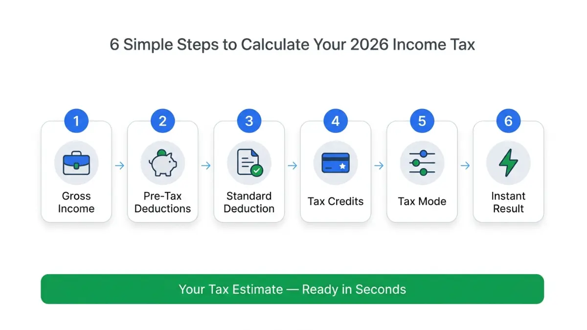 Income Tax Calculator 6 step process infographic showing gross income deductions credits and instant results