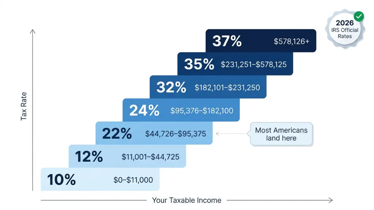 Income Tax Calculator progressive tax brackets 2026 staircase showing rates from 10 percent to 37 percent