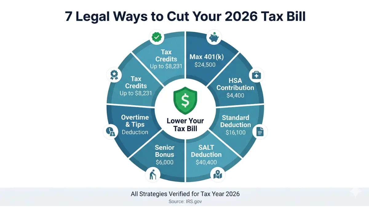 Income Tax Calculator tax saving strategies wheel showing 7 legal ways to reduce tax bill in 2026