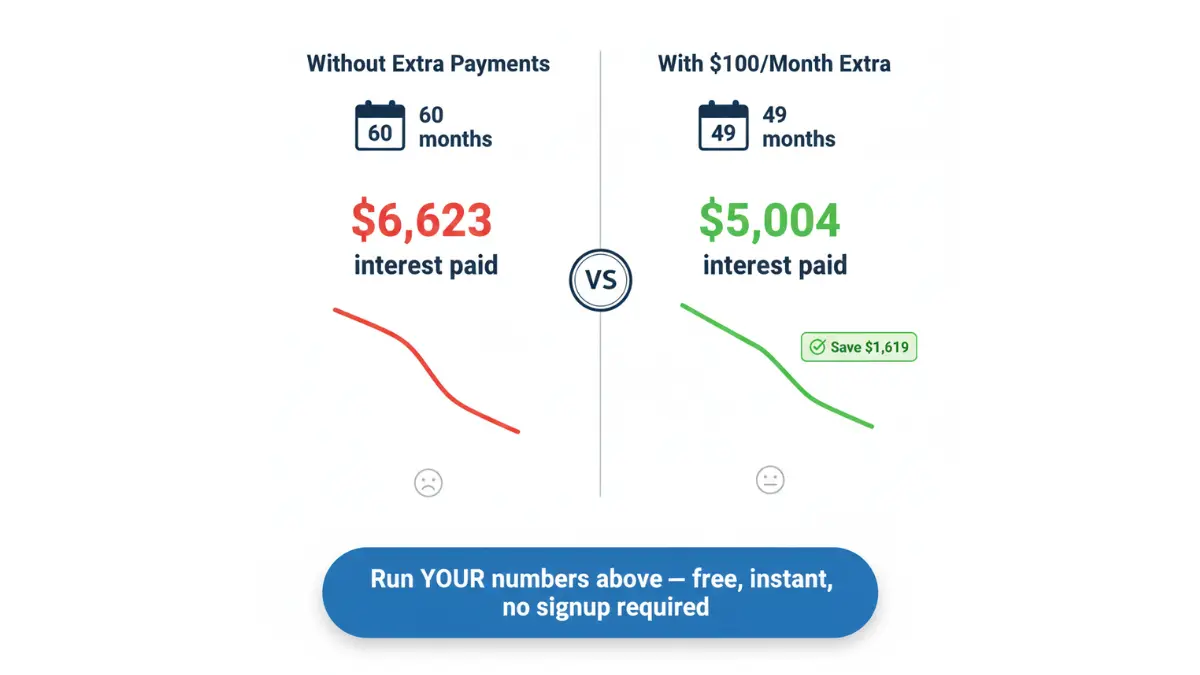 Loan Calculator extra payment comparison showing interest saved and faster payoff with $100 monthly extra
