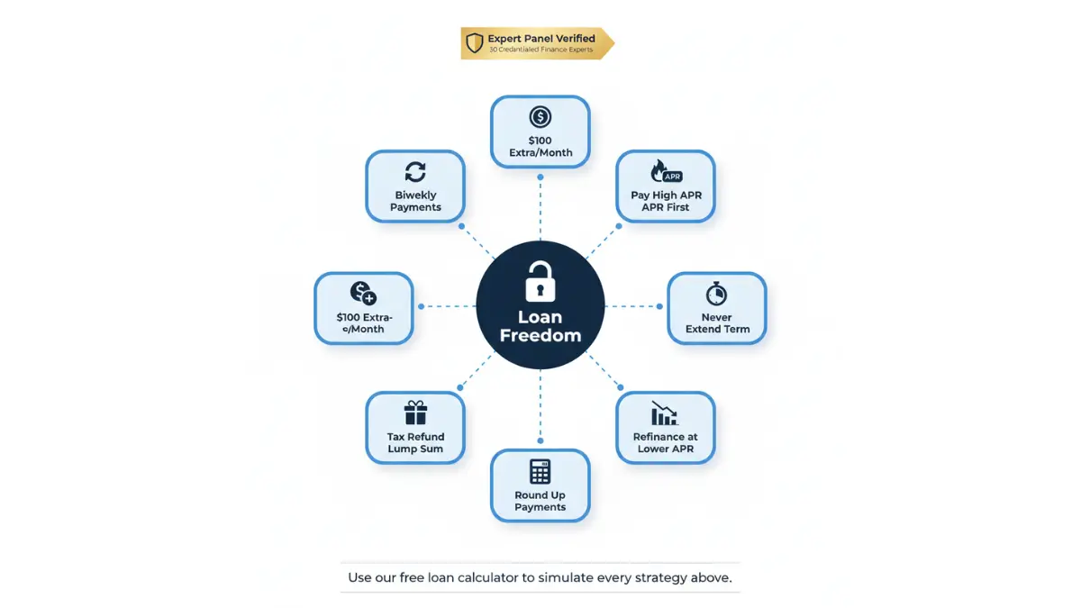 Loan Calculator strategies diagram showing biweekly payments refinancing and extra payment methods