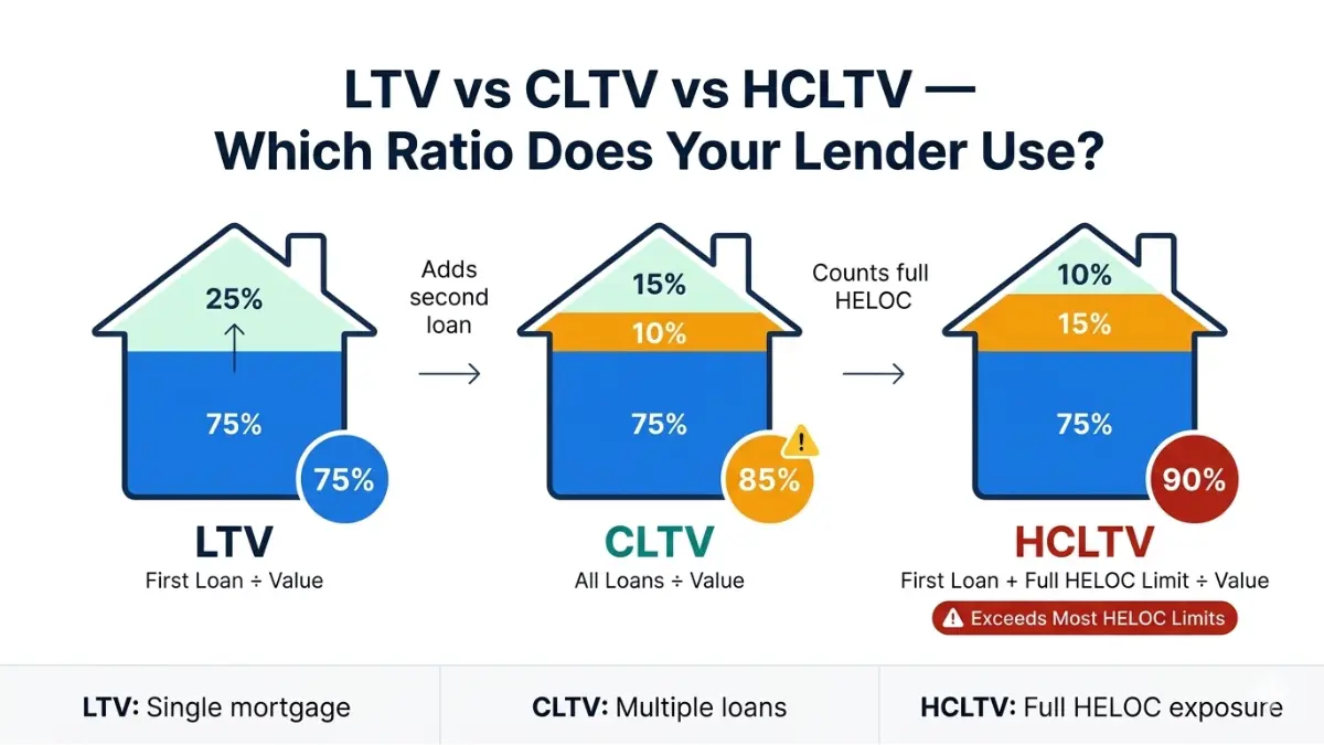 Loan to Value Calculator comparison showing LTV CLTV and HCLTV differences with mortgage and HELOC examples