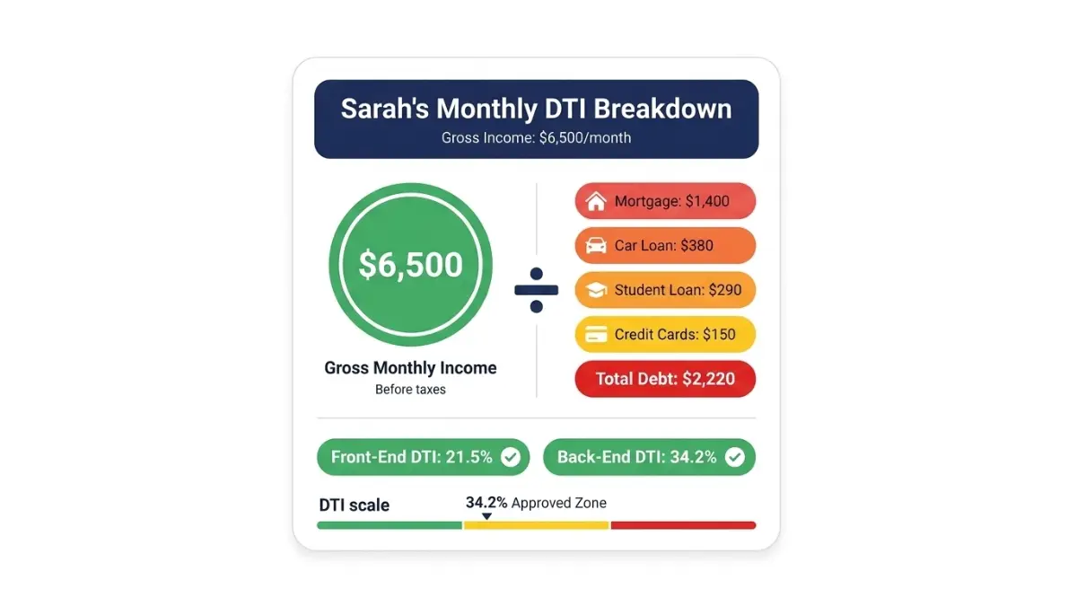 Example of calculating monthly debt and income using a Debt-to-Income Ratio Calculator with mortgage car loan and credit card payments